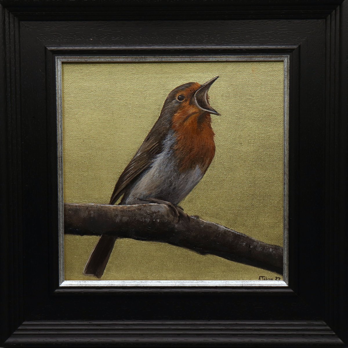 Red Robin, Gold Background, Bird Artwork, Animal Art Framed by Alex Jabore