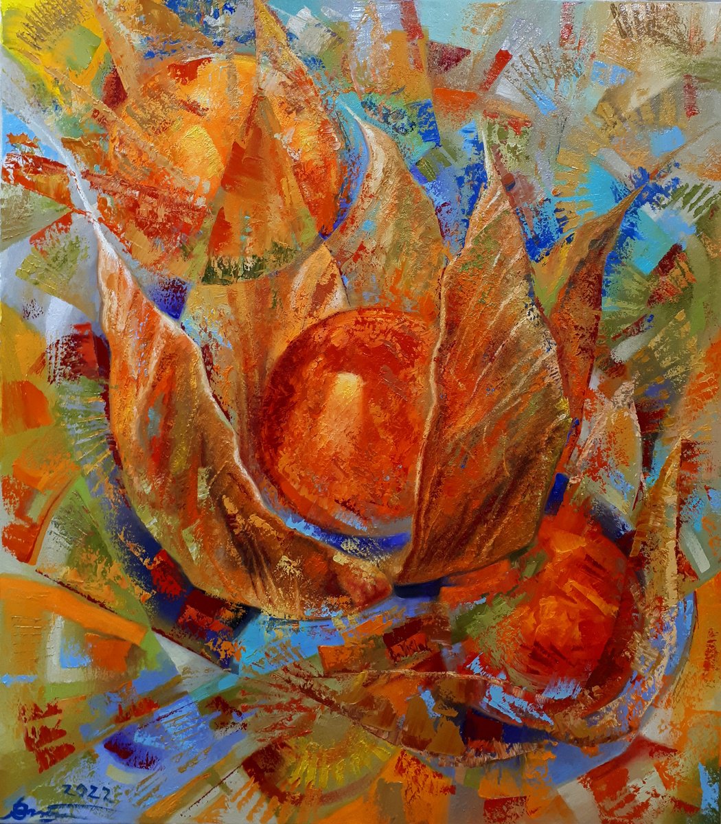 Impressionistic Botanical Oil Painting By Serhii Voichenko, 28 X 32", Physalis, Original Artwork