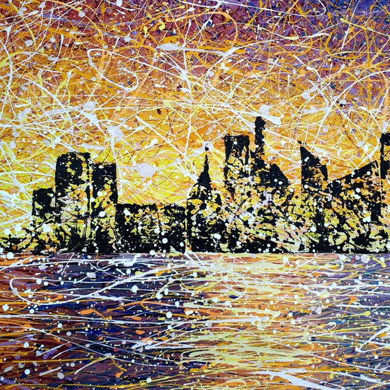 Sunset in New York city  Evening lights  ROLLED  37" x 76"  /90 x 195 cm.