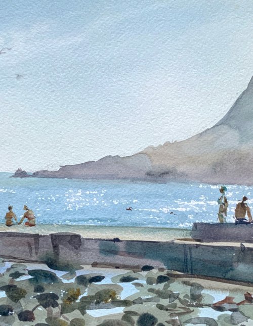Sunny day on the seashore at the pier. Watercolour by Marina Trushnikova. Seascape, Plein air artwork, A3 watercolor. by Marina Trushnikova