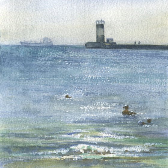 Marine sketch. At midday near a lighthouse / Small watercolor seascape
