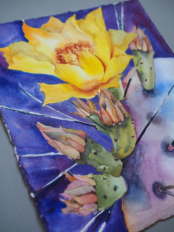 Cacti blossom - yellow flower on violet background, original watercolor