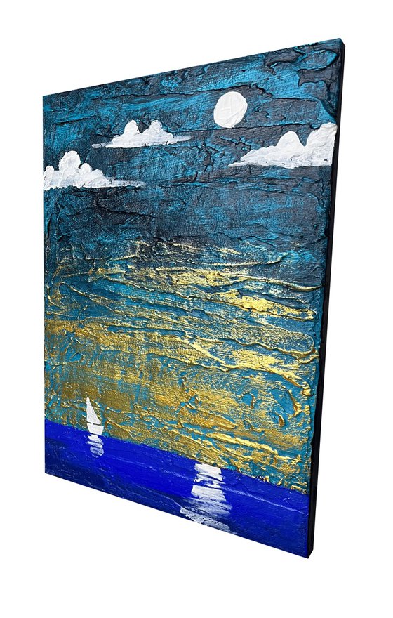 The Little Yacht 2 on the open Sea in acrylic and mixed medium abstract landscape
