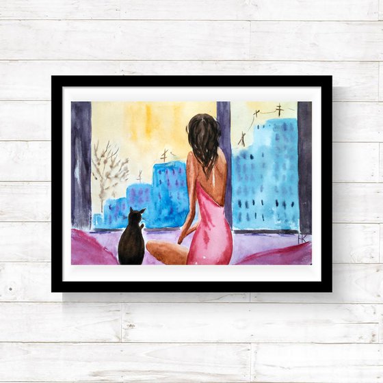 Quarantine Painting Pet Original Art Woman and Cat Artwork Spring Isolation Small Home Wall Art 12 by 8" by Halyna Kirichenko