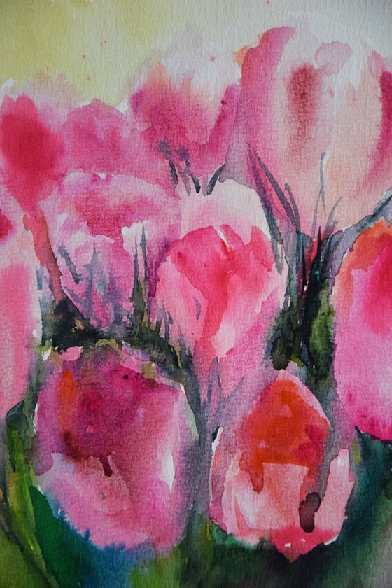 Pink tulips watercolor painting, flower wall art, floral bouquet gift for her