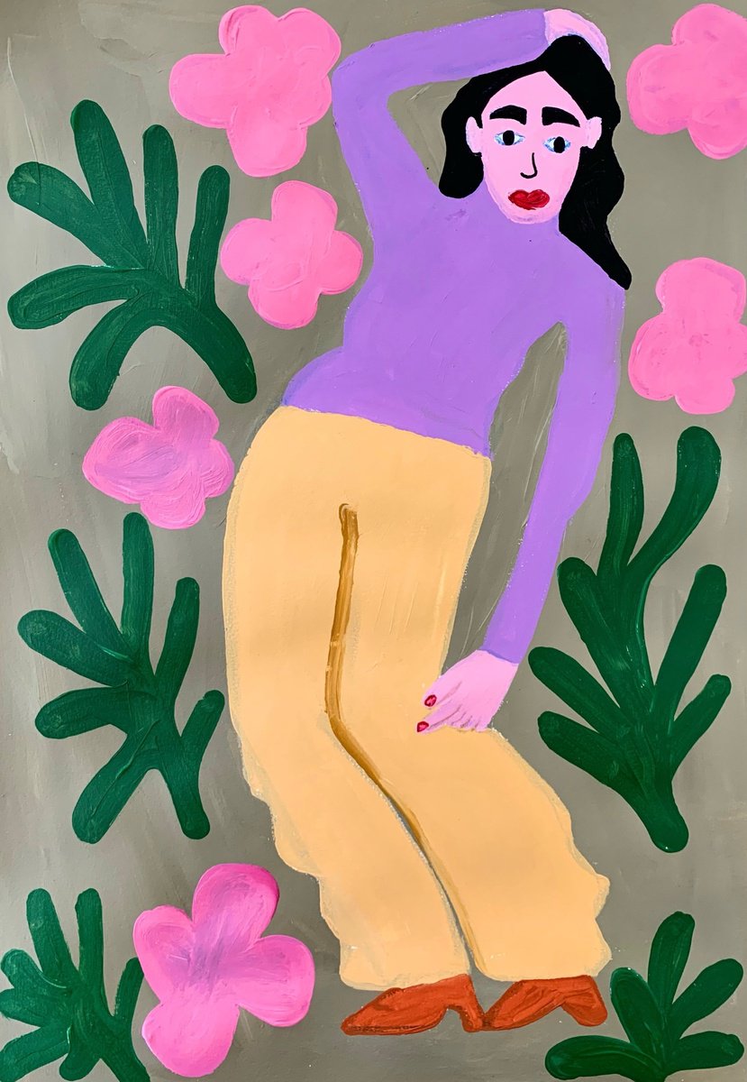 Urban And Pop Portrait Acrylic Painting By Aurora Camaiani, 14 X 20, Flowers Party, Original Artwork