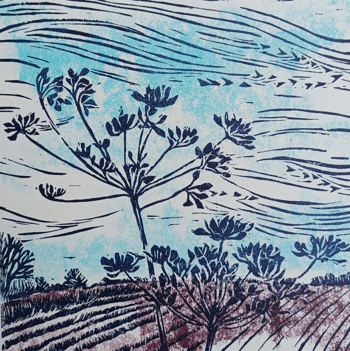 Illustrative Landscape Linocut By Jo Biggadike, 8 X 8, Changing Winds, Original Artwork