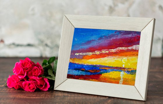 Sunset Oil Painting Seascape Original Art Abstract Artwork Landscape Small Wall Art