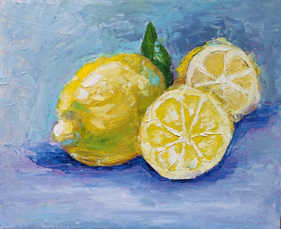 Lemon Painting Original Art Fruit Still Life Citrus Artwork Small Kitchen Wall Art