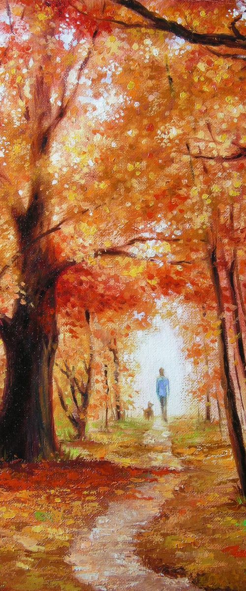 THE AUTUMN WALK WITH FOUR-LEGGED FRIEND (Impressionistic palette knife oil painting nature landscape fall autumn forest path) by Yaroslav Sobol
