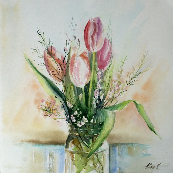 Original watercolor hand painting Bouquet of tulips, floral fine art, flowers wall art, spring wall decor, artwork, gift for women