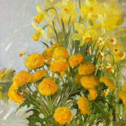 Still life with Narcissus and Dandelions by Evgeniia Mekhova