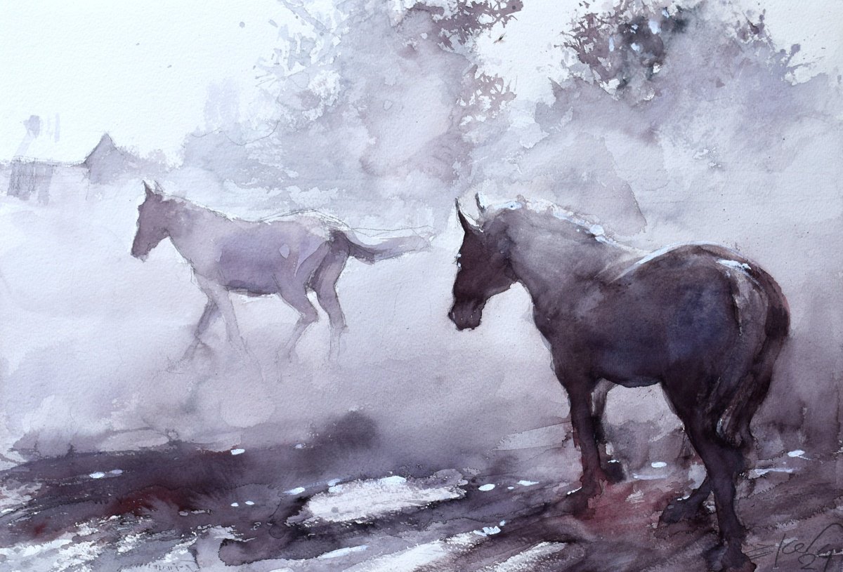 Expressive Animal Watercolour By Goran Zigolic Watercolors, 22 X 15, Horses In The Mist, Original Artwork