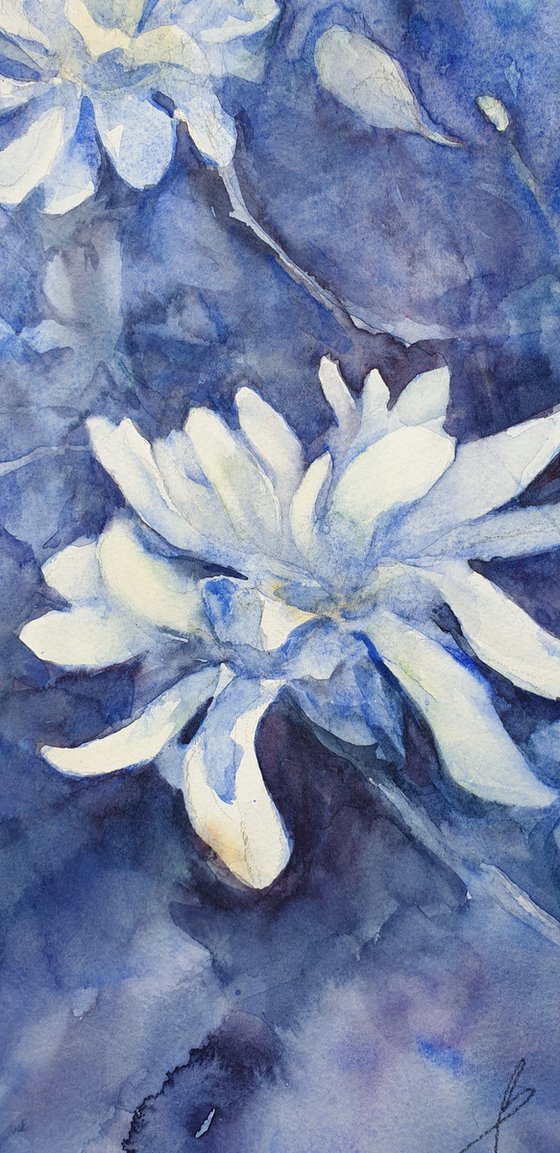 watercolour MAGNOLIA in BLUE  flower painting 30x45/ 2020.016