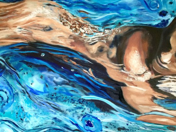 Song to the siren .Resting nude  in a blue water . Reflections on the water .