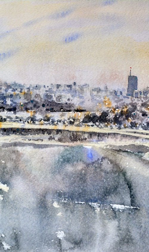 Ski trail panoramic view of Belgrade 25x36cm 2020 by Nenad Kojić watercolorist