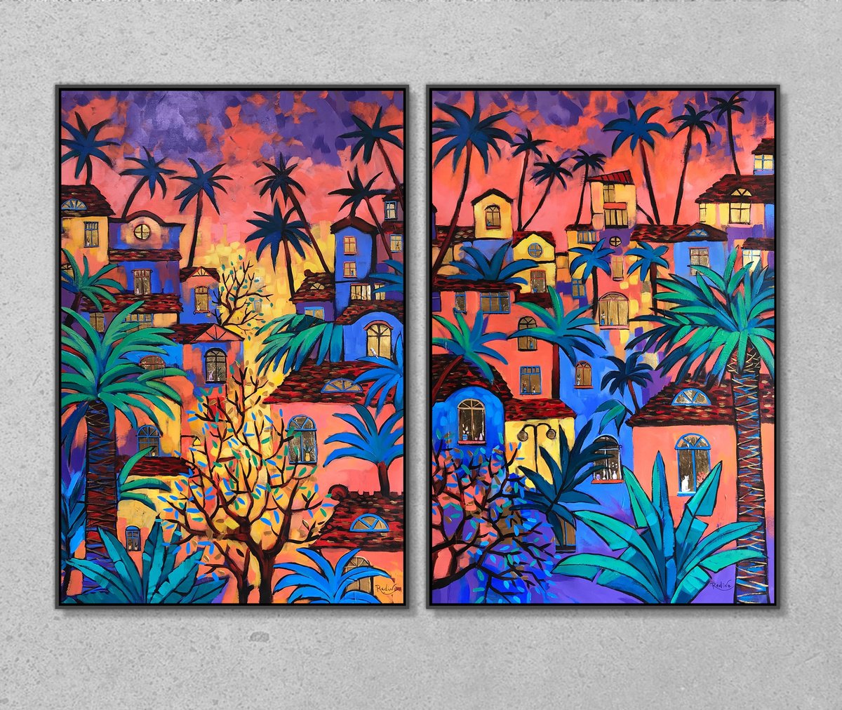 Cityscapes Acrylic Painting By Irina Redine, 24 X 36, Tropical Twilight Down Under, Original Artwork