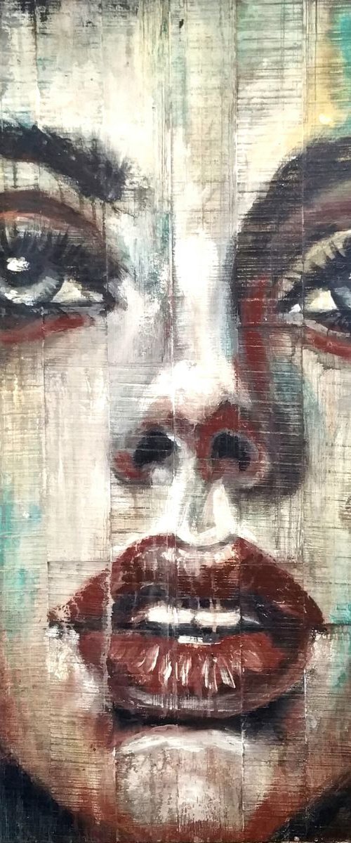 "Adele" 60x80x2cm Original acryl painting on vietnamese acacia wood board ,ready to hang by Elena Kraft