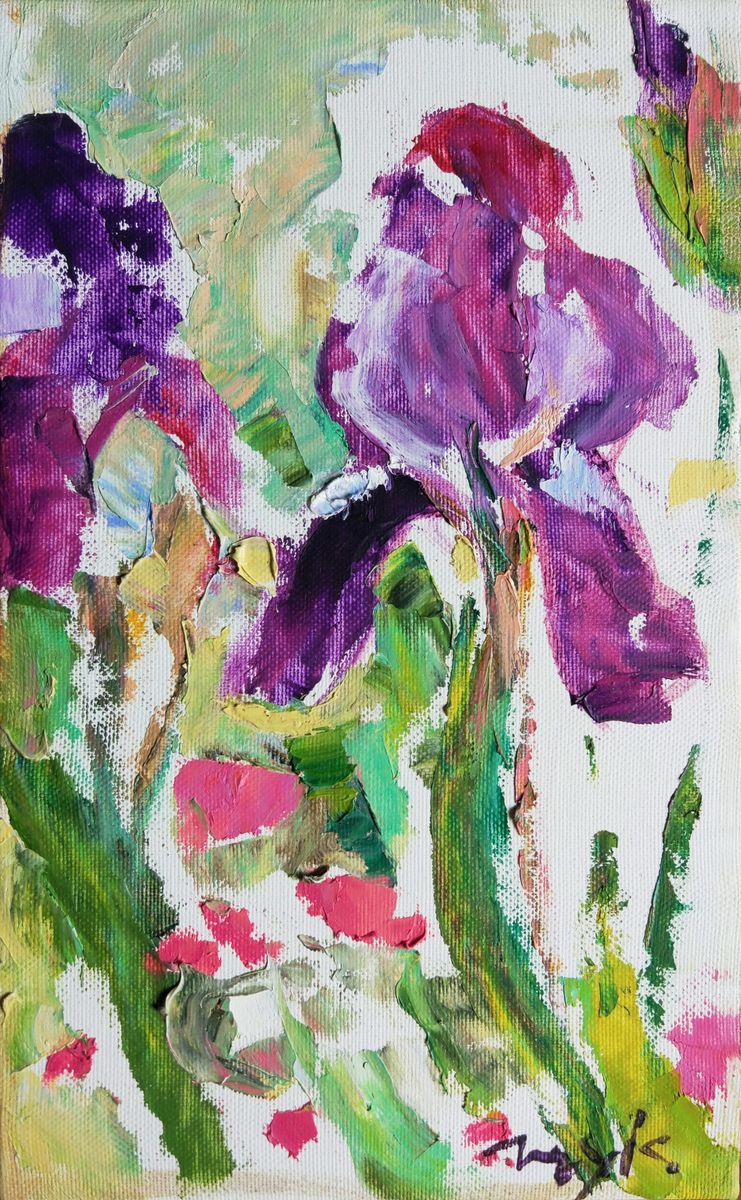 Iris flowers. In the garden. Original oil painting (2018) by Helen Shukina