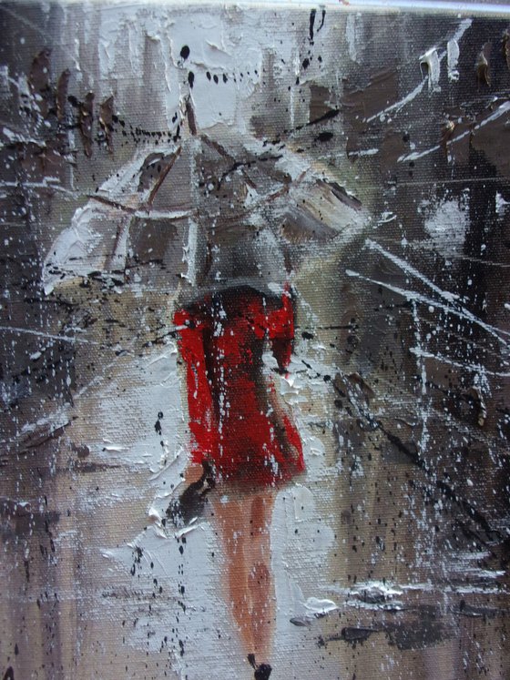 " RAINY OCTOBER ... "   street spring summer original painting CITY palette knife GIFT