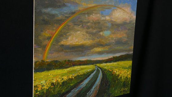 Rainbow Over The Wet Road - sunny summer landscape painting