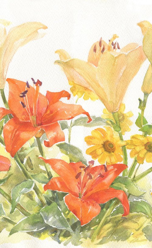 Lilies bouquet from friend / ORIGINAL watercolor 22x15in (56x38cm) by Olha Malko