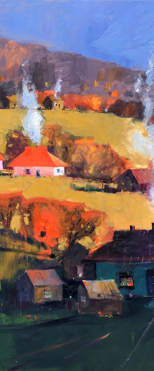 Large oil painting on canvas “Warm evening Landscape in the Carpathians” Landscape by Andrii Kovalyk