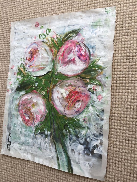 Pink Roses I Acrylic on Newspaper Nature Art Flower Painting of Colour Floral Art Still Life 37x29cm Gift Ideas Original Art Modern Art Contemporary Painting Abstract Art For Sale Buy Original Art Free Shipping