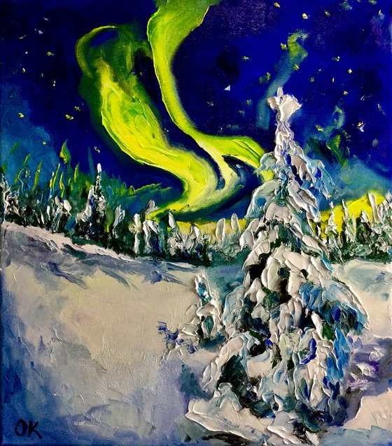 Mystic winter night before Christmas. Northern lights