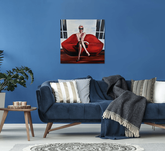 LIPS SOFA - oil painting on canvas, red lips, woman, gaze, sex, erotics, body shapes, white, red, sunglasses, office art, wall art