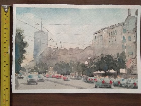 Traffic before hotel Moskva - original watercolor art