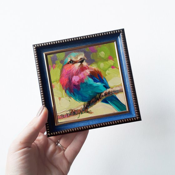 Bird painting original 4x4, Lilac-breasted Roller bird small frame art in blue, Mini oil painting shelf decor ideas
