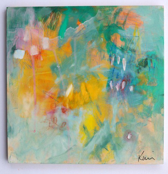 Warm River 12x12" Small Abstract Expressionist Painting Yellow