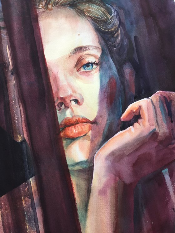 Female portrait. Riddles and shadows. Original watercolor.