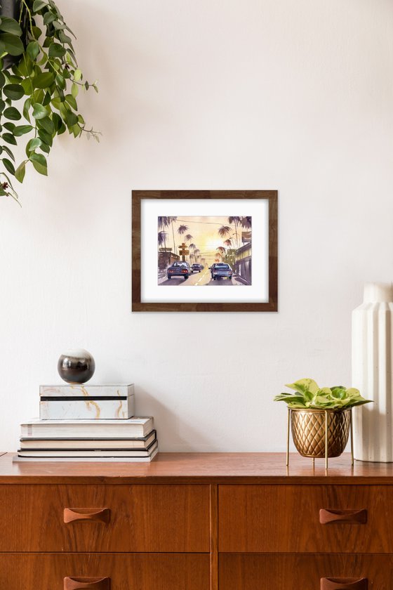 The road with cars in Los Angeles. Sunset. Original watercolor artwork.