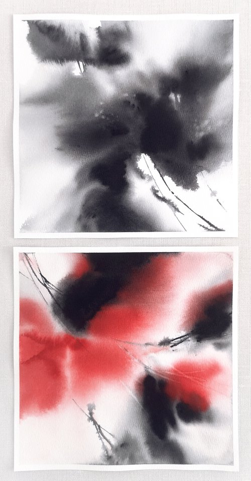 Red and black flowers diptych by Olga Grigo