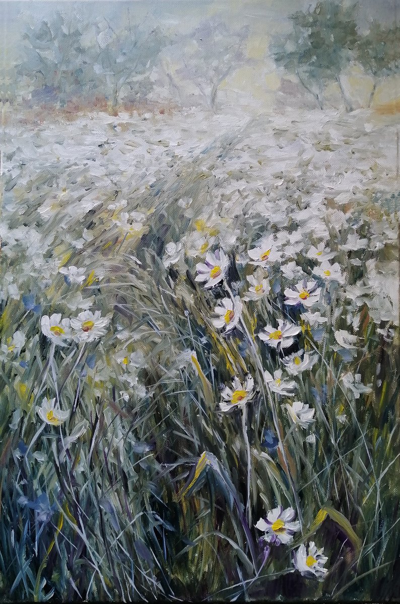 DAISY ROMANCE, 40x60cm, white wild flowers meadow by Emilia Milcheva