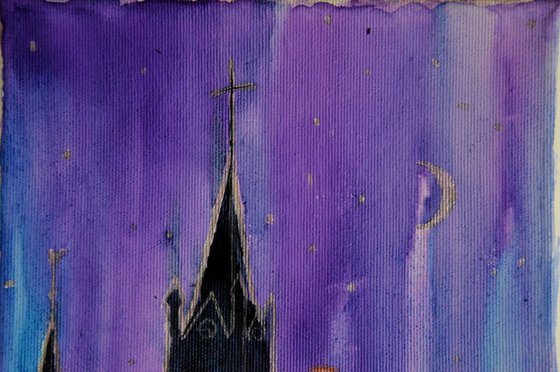 Original watercolor painting on canvas Golden and silver Slovak church in starry night