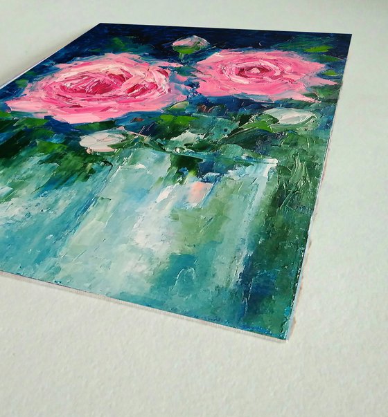 Pink Roses Painting Original Art Floral Artwork Flower Bouquet Wall Art