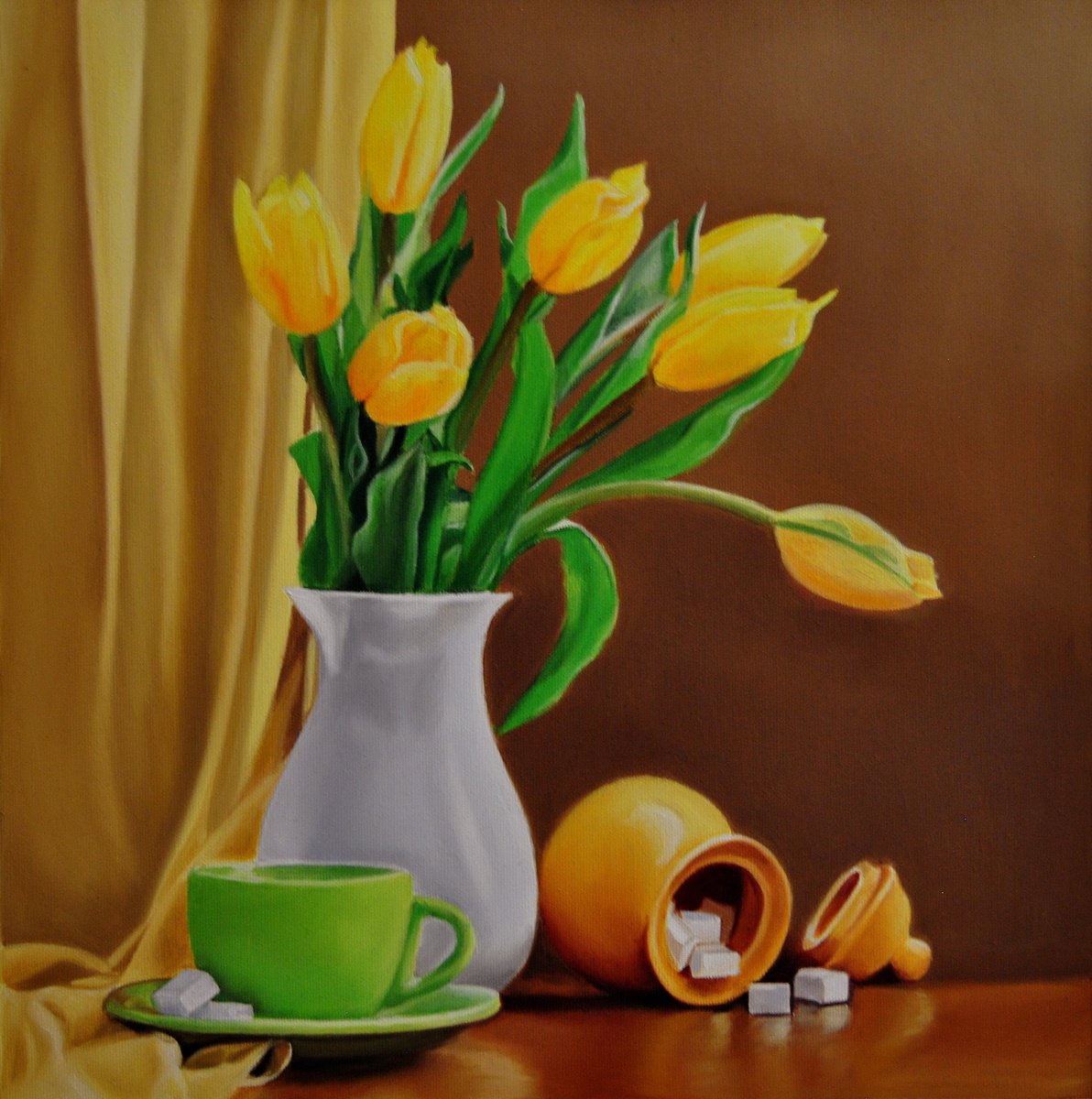 Photorealistic Oil Painting , Flowers And A Cup Of Tea By Simona Tsvetkova, 16 X 16, Artwork For Sale On Artfinder