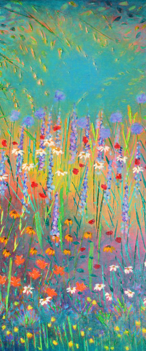 Wild Garden 2 - poppies, daisies, day lilies, buttercups, alliums and rudbeckias by Lisa Mann