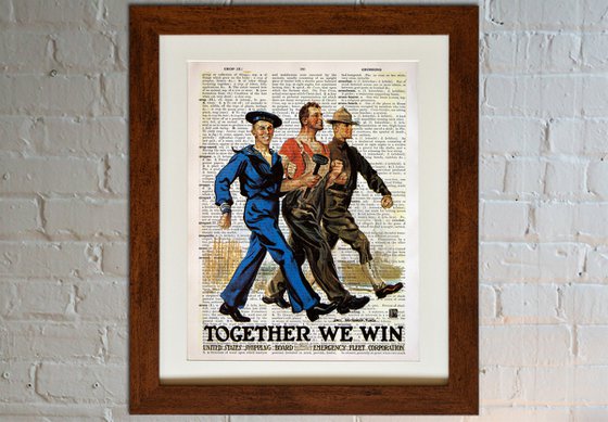 Together We Win - Collage Art Print on Large Real English Dictionary Vintage Book Page