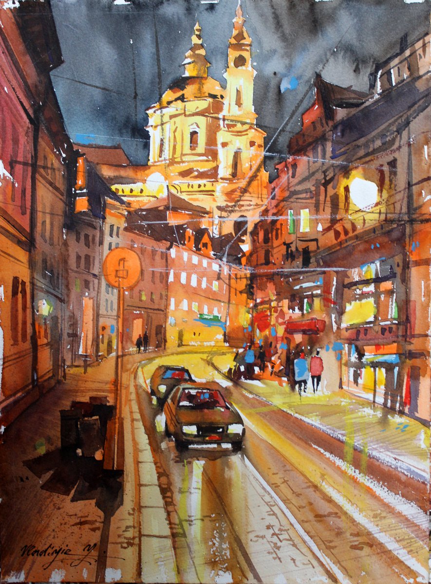 Impressionistic Cityscapes Watercolour By Volodymyr Melnychuk, 11 X 15", Night City, Original Artwork