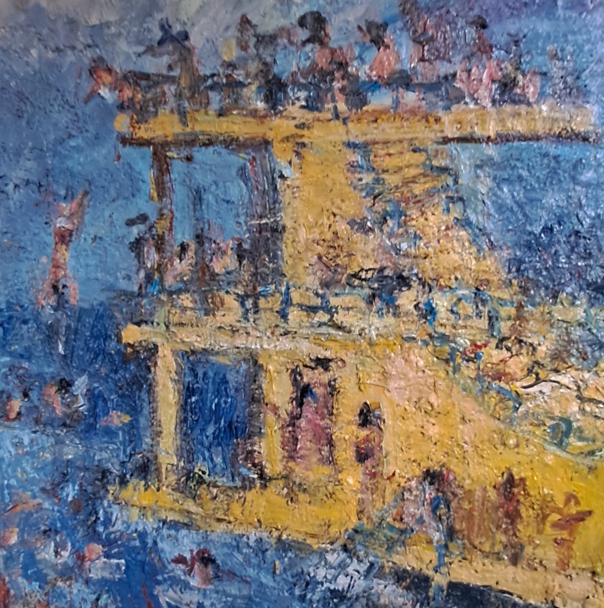 Impressionistic Landscape Oil Painting By Deborah Donnelly, 36 X 36, Blackrock Swimmers, Original Artwork