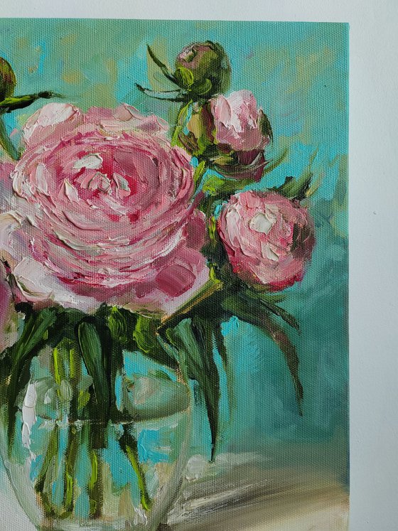 Pink and white peonies bouquet oil painting original still life 12x12"