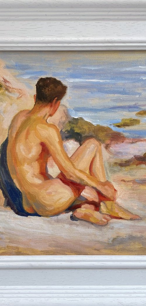 Impressionist style Male nude figure oil painting, with wooden frame. by Jackie Smith