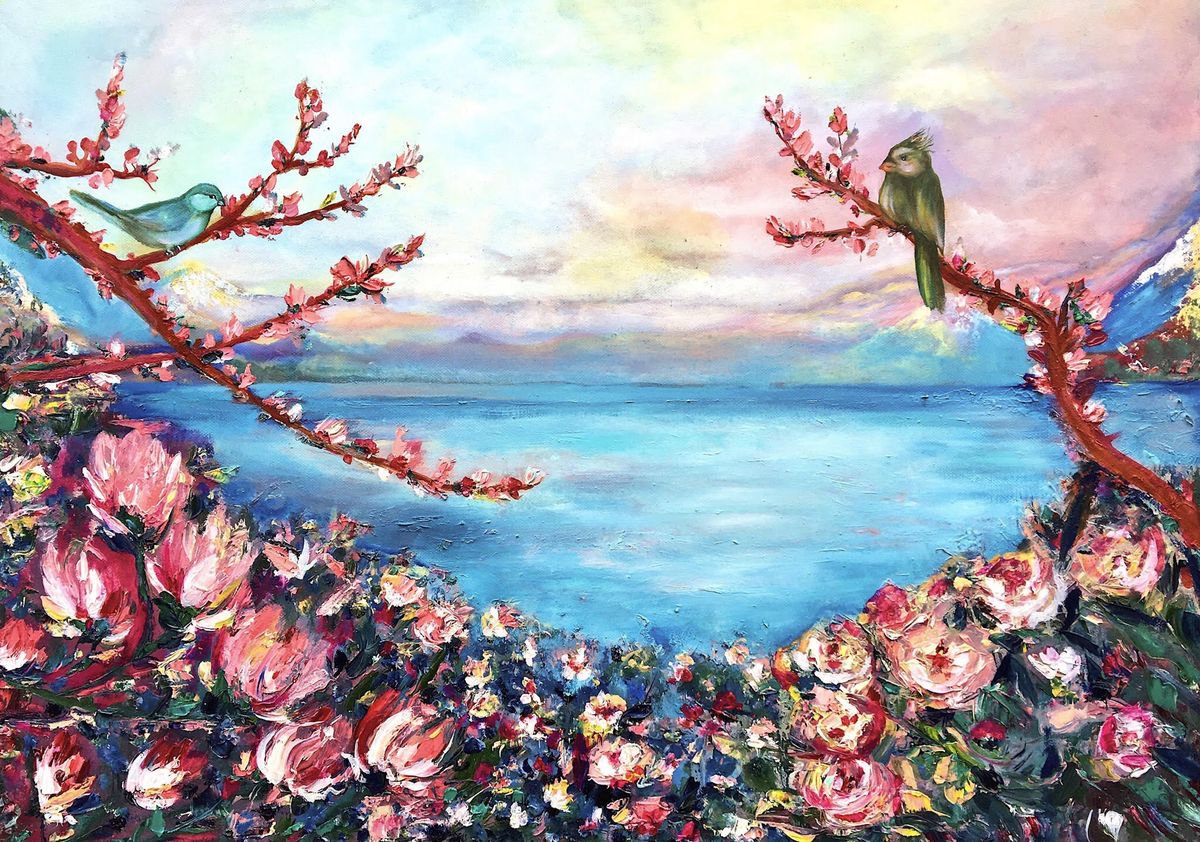 Magnolias - Geneva-Leman lake swiss landscape, original oil art painting on stretched canv... by Nino Ponditerra