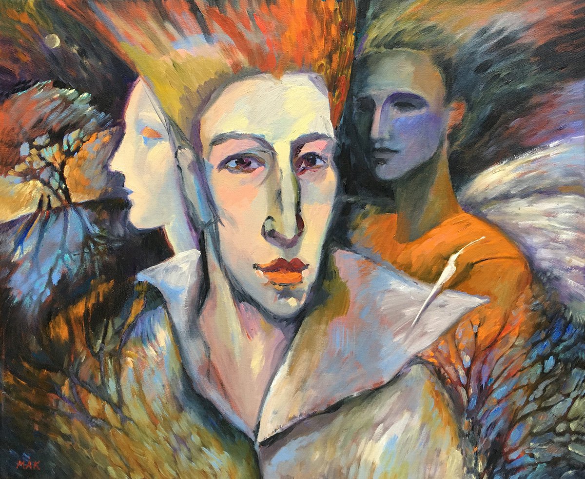 LOOKING AHEAD, BACK, INTO ETERNITY - expressive fantasy philosophical painting men and out... by Irene Makarova
