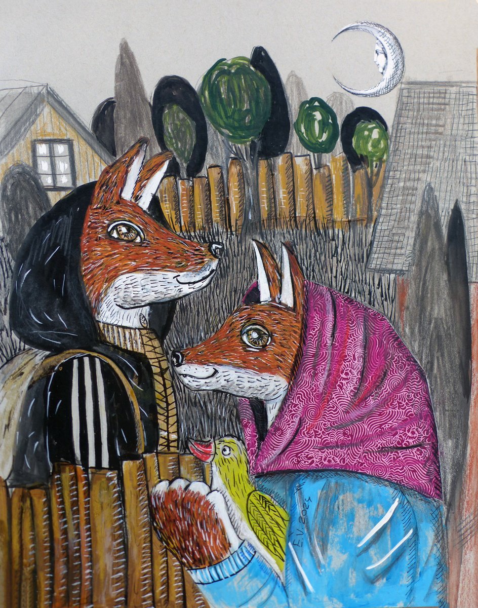 Surrealistic Animal Painting By Elizabeth Vlasova, 11 X 14, The Son Is Back, Original Artwork