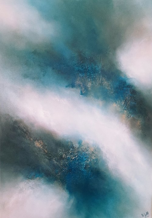 Cosmic Blue (Abstract/Expressionist oil painting on deep edge canvas 70cms X 50cms) by Gillian Luff